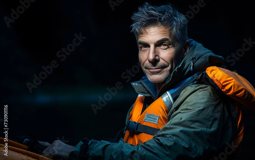 Multiracial Man Wearing Orange and Black Jacket photo