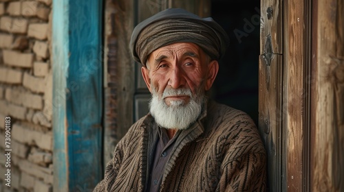 A village elder stands by the door of his house in Central Asia.