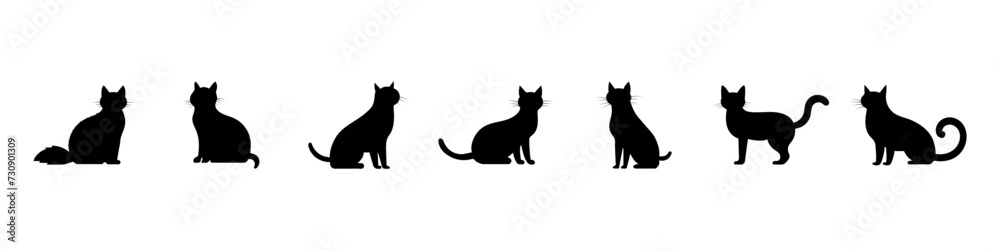 Black silhouette of a cat set. Puss or cat silhouette. Cat playing or sitting. Feline care. Pet concept. Vector set Black silhouette of a cat set. Puss or cat silhouette. Cat playing or sitting. Feline care. Pet concept. Vector set