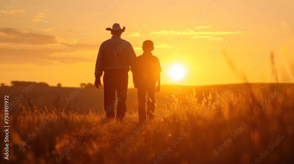 Fototapeta premium An old farmer walks into the sunset with his son.