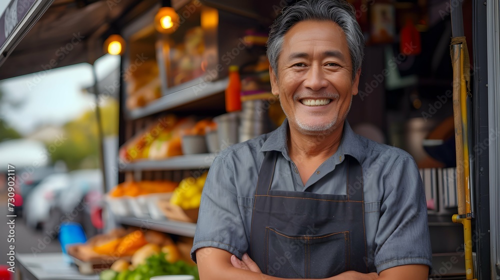 Portrait of Happy Middle Aged Asian Man Standing Outside His Food Cart -  Small Business Owner Concept