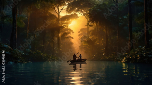 A couple of natives in a boat on a lake in the jungle at sunset. © junky_jess