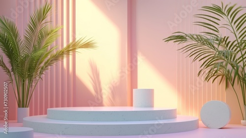 Pink product podium scene or product presentation with palm branches © Katya