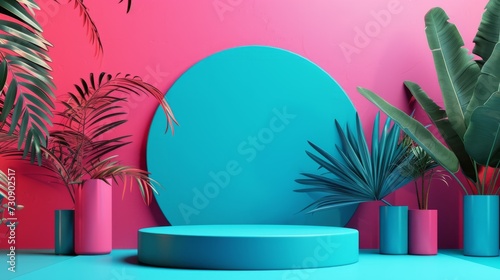 Cyan-magenta product podium scene