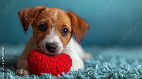 Cute lover Valentine puppy dog lying with a red heart, isolated on blue background