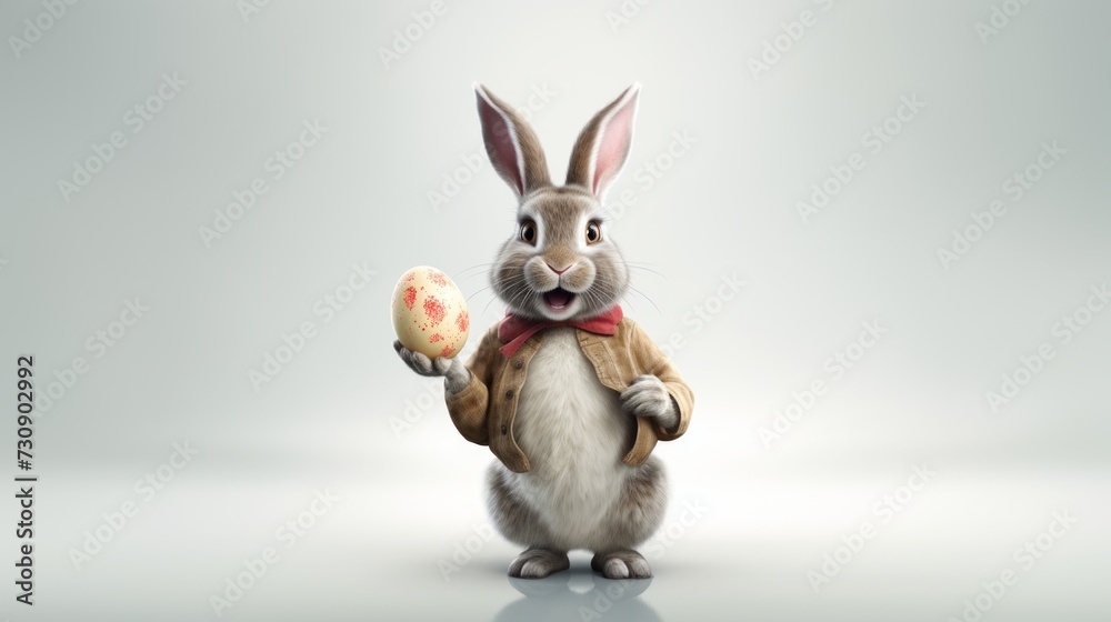 Obraz premium Easter bunny holds an egg on a white background