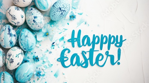 Card with a text Happy Easter! written in blue color on a white background  © Katya