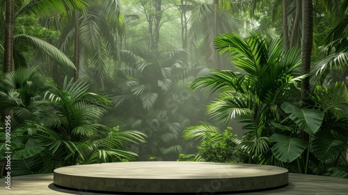 Green podium in tropical forest for product presentation