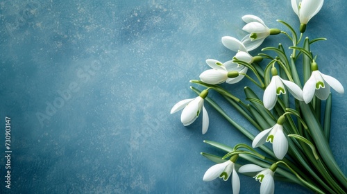 Snowdrops on a blue background with space for text