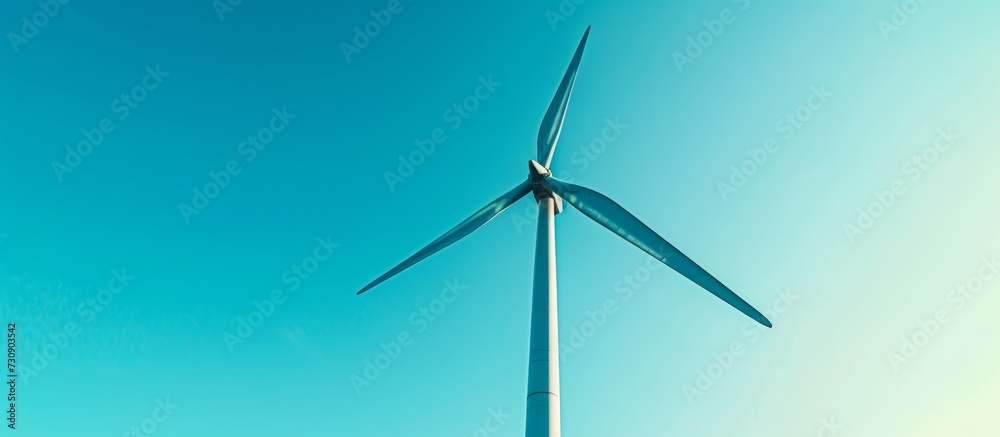 The wind turbine stands tall amidst the electric blue sky, harmonizing with the natural landscape as a part of the wind farm. The wind turbine stands tall amidst the electric blue sky, harmonizing with the natural landscape as a part of the wind farm.