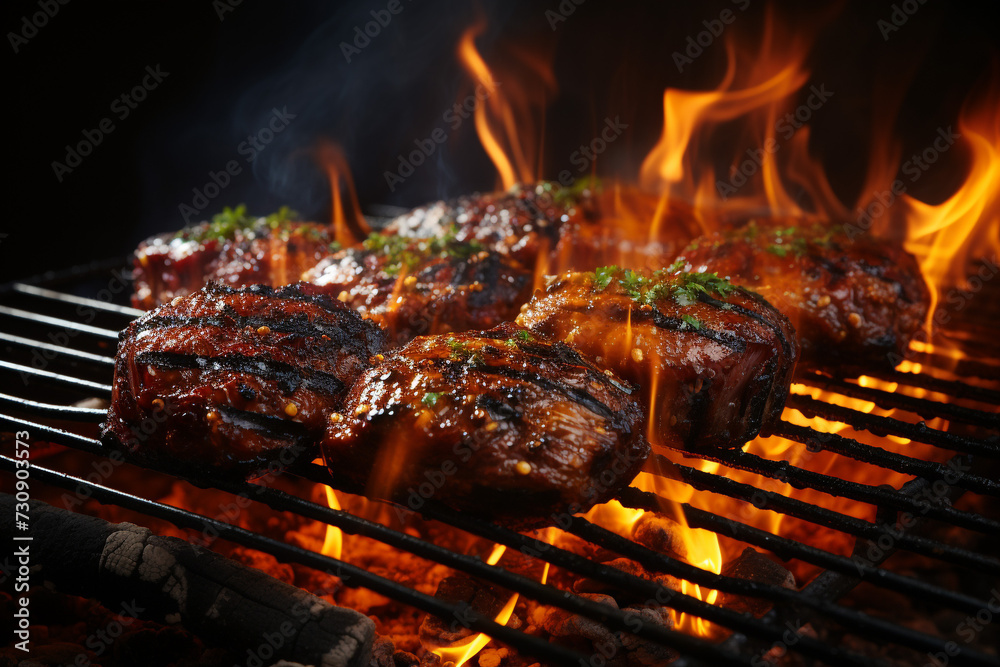 High-quality steak.Hot orange flames and smoke rise from the charcoal grill ready for barbecue cooking. Restaurant, homemade food,