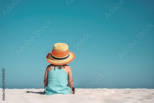 Unrecognizable girl in hat sitting on sandy beach