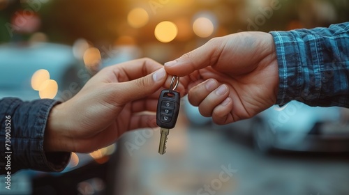 Closeup hand giving a car key and money for loan credit financial, lease and rental concept photo
