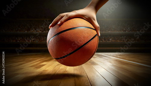 Close-up of a hand of a basketball player holding an orange and black basketball ball on the wooden parquet of a basketball court. Generative Ai.  © Alberto Masnovo