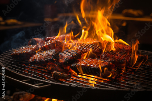 High-quality steak.Hot orange flames and smoke rise from the charcoal grill ready for barbecue cooking. Restaurant, homemade food,