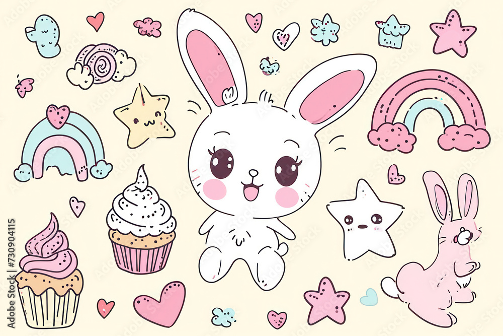 Sweet Bunny Card: Cute Cartoon Rabbit Illustration with Adorable Baby Bunny, Lovely Little Girl, and Funny Rabbit Character on a Beautiful Pink Background
