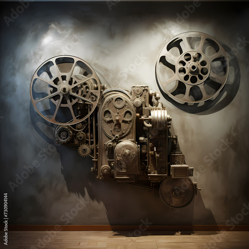 Vintage film projector casting images onto a wall.