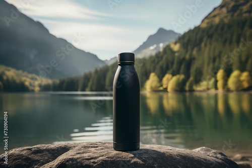 Black reusable thermo water bottle set against a scenic lake backdrop, showcasing the perfect outdoor hydration concept