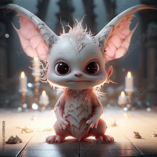 cute creature, a bit hellishly, with big eyes and horns, candles in the background photo