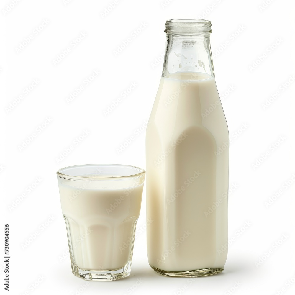 White milk in a transparent bottle and glass, isolated on white background, perfect for nutrition themes White milk in a transparent bottle and glass, isolated on white background, perfect for nutrition themes