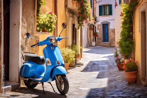 Blue scooter parked in the narrow cobblestone street of a charming small Italian town  surrounded by colorful buildings and quaint architecture
