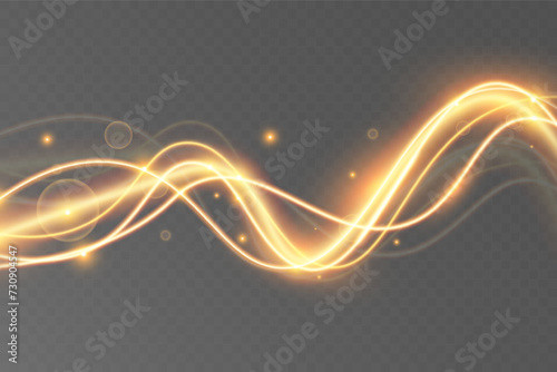 Light wave of shiny gold lines.Gold color glowing design element.Wavy bright stripes.	
