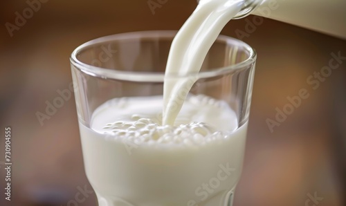 Pouring milk into a clear glass against a blurred background, ideal for dairy-related themes