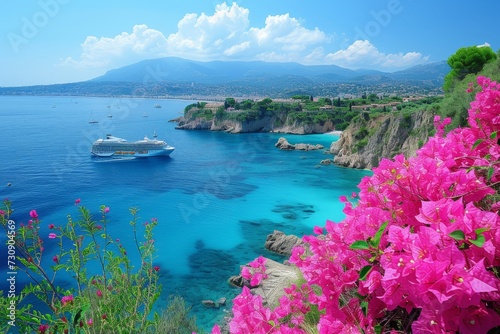 panoramic Mediterranean sea with cruise ship and pink Bougainvillea flower, travel concept