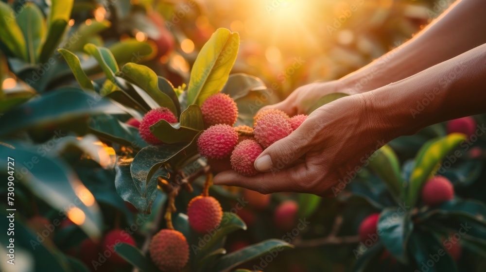 Close-up of hands tending a lychee field under the sunset light. Close-up of hands tending a lychee field under the sunset light.