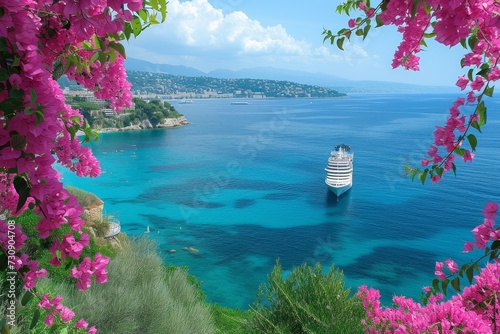 panoramic Mediterranean sea with cruise ship and pink Bougainvillea bloom, travel concept