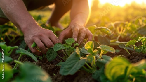 Close-up of hands tending a field of cucumbers in the sunset light.