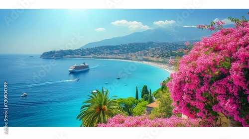 panoramic Mediterranean sea with cruise ship and pink Bougainvillea flowers frame, travel concept.