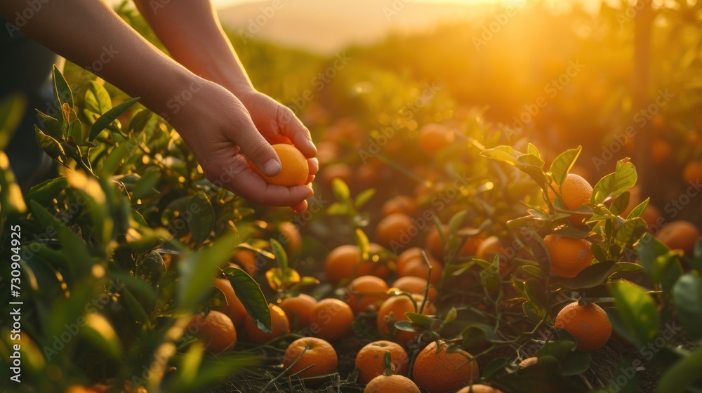 Close-up of hands tending an orange field in the sunset light. Close-up of hands tending an orange field in the sunset light.