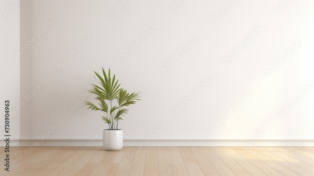 Modern interior of an empty room with a parquet floor and a plant pot. - obrazy, fototapety, plakaty 