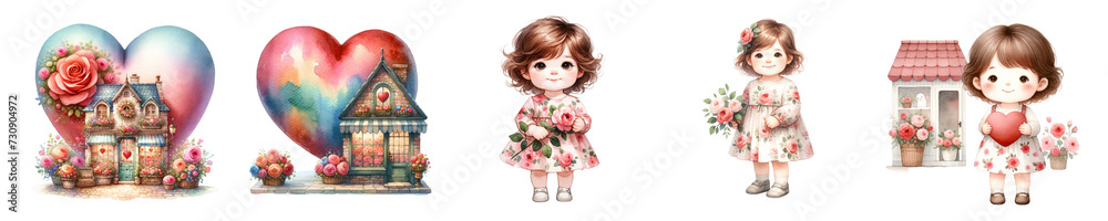 Watercolor cute girl holding a rose On a white background.Isolated image
