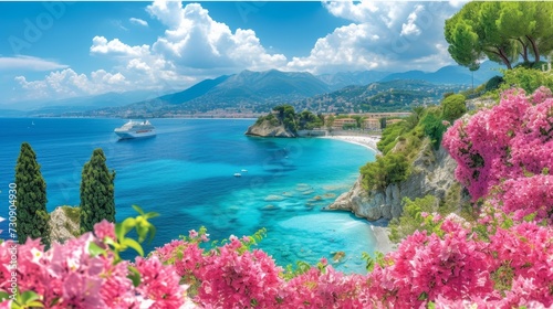 panoramic Mediterranean sea with cruise ship, cloudy blue sky and pink Bougainvillea flowers frame, travel concept photo