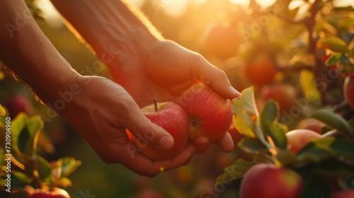 Close-up of hands tending an apple field in the sunset light.