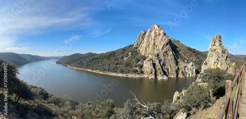 Panoramic view of the famous Gipsy Falls, Monfrague natural park, Spain