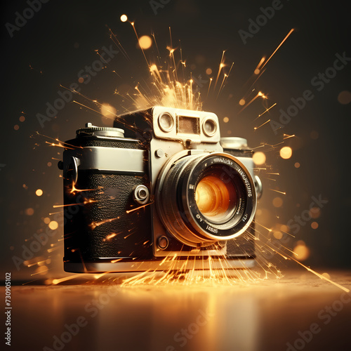 Vintage camera capturing a burst of light.