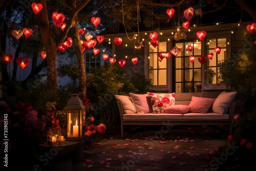 Whimsical Valentine's Day garden adorned with fairy lights, heart-shaped lanterns, and romantic seating
