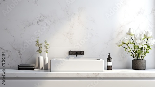 White marble counter tabletop in modern luxury bathroom background.