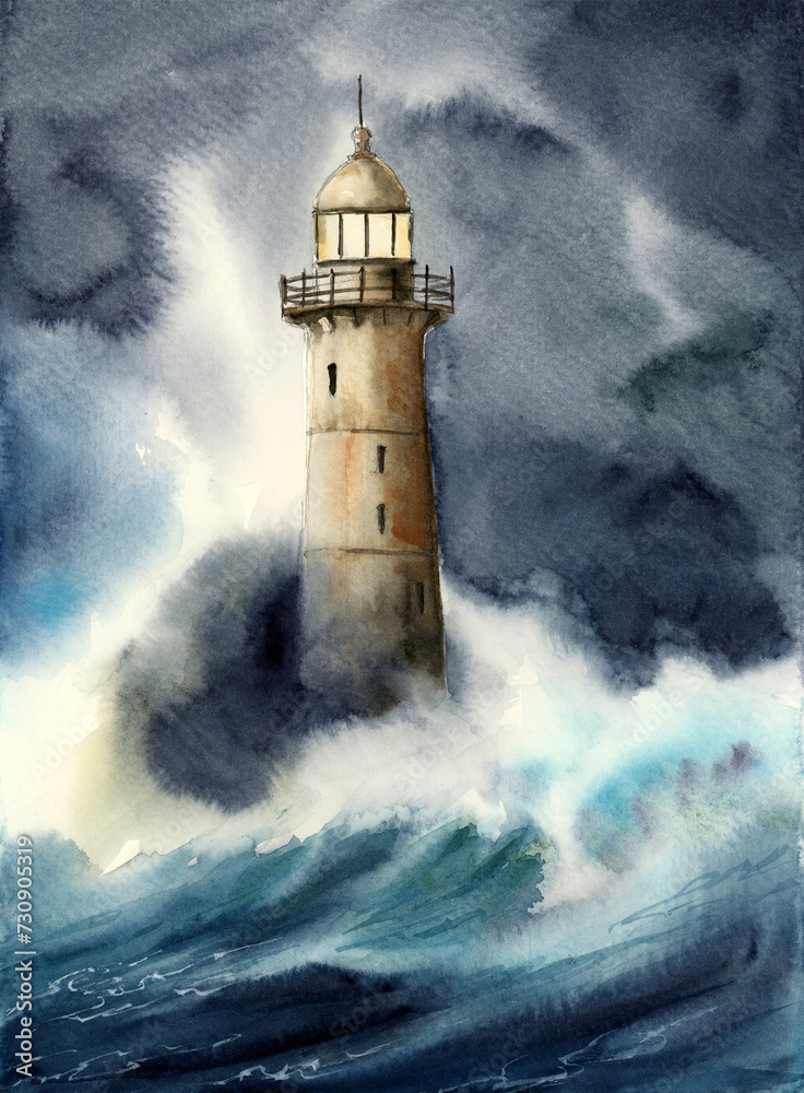 Watercolor illustration of a lighthouse in a stormy blue sea, with crashing waves, white sea foam and splashing water (This illustration was drawn by hand without the use of generative AI!)