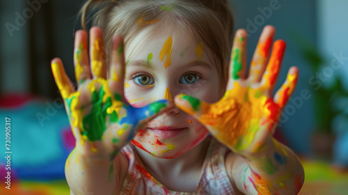 curious little girl with hands full of paint exploring colors in playful art making