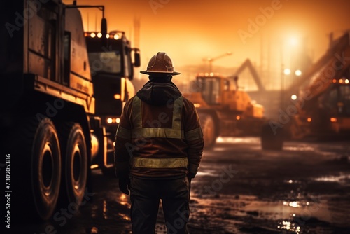 Construction worker at work in his yellow hi-vis vest, panorama, site, commercial port. Industry worker from behind with safety jacket and helmet Refinery plant looking at factory, heavy industrial