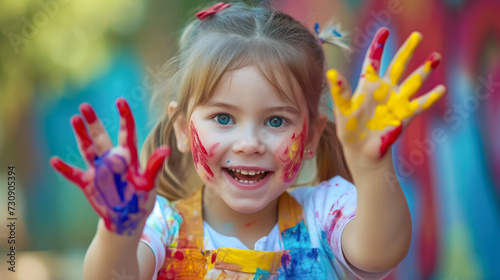 happy young artist with paint smeared face and hands enjoying colorful playtime