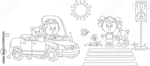 Little boy driving a small toy car and a little girl with her funny cat waiting for green traffic light at a pedestrian crossing of a town street on a sunny summer day, vector cartoon illustration