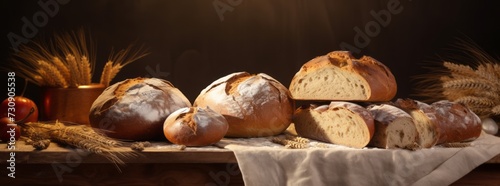 German bread sliced on a wood board.Gold crusty loaves of bread and buns on black chalkboard background. Bakery