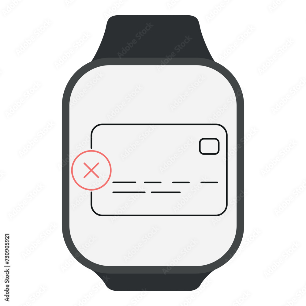 Credit card icon with rejected payment mark on smart watch screen. Vector Credit card icon with rejected payment mark on smart watch screen. Vector