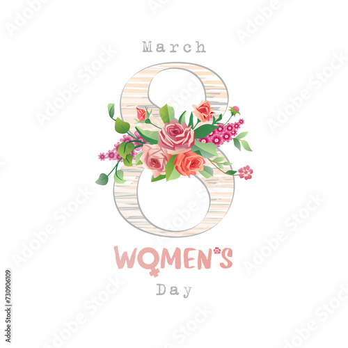 March 8 Women's Day creative greeting card with handdrawn style symbol and vintage flowers and leaves. Calendar page with pink and red roses. Postcard design. Isolated number with clipping mask.