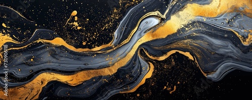 Abstract marble marbled ink painted painting texture luxury background banner - Black waves swirls gold painted splashes, Generative AI